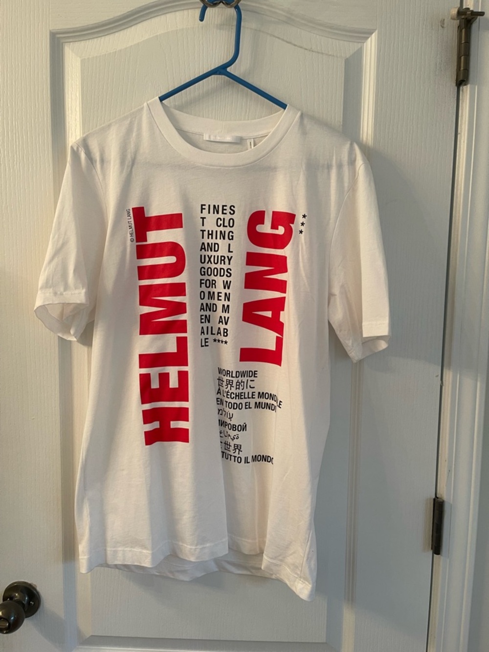 Helmut Lang White T-Shirt with Red Vertical Logo